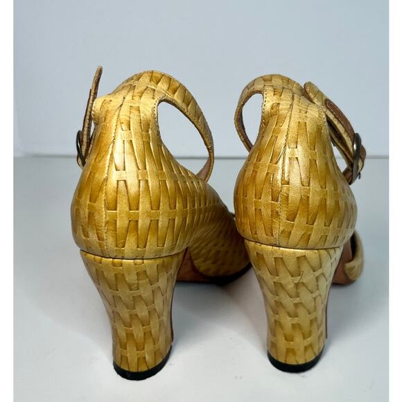 John Fluevog Marvel Yellow Woven Leather Heels with Ankle Strap, Size 8 - Picture 4 of 4